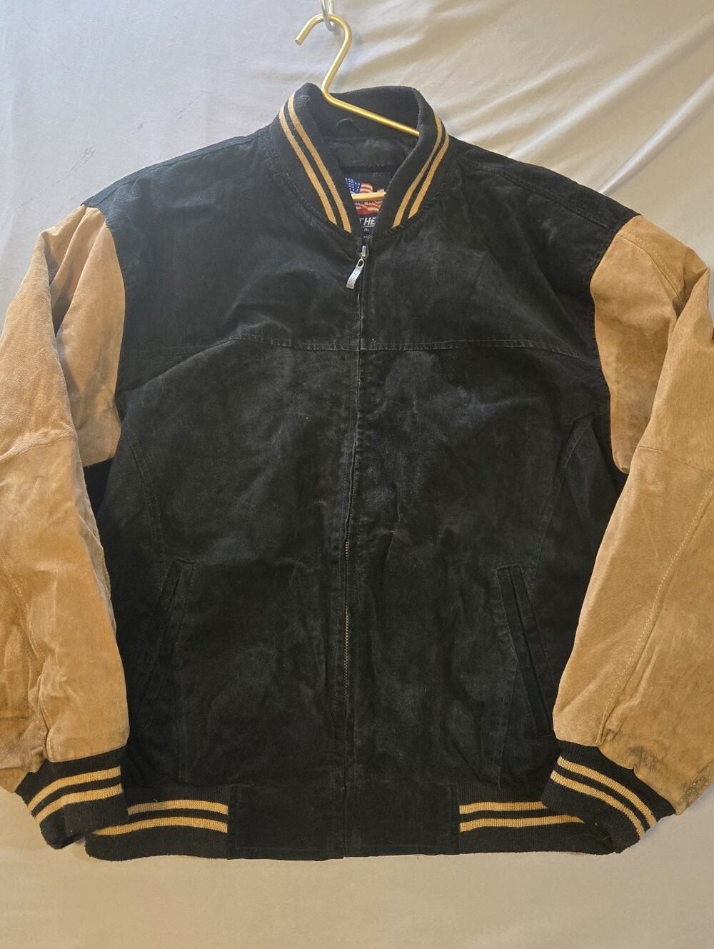 Leather U.S.A. Men's Black and Tan Suede Bomber Jacket Quilted Lining